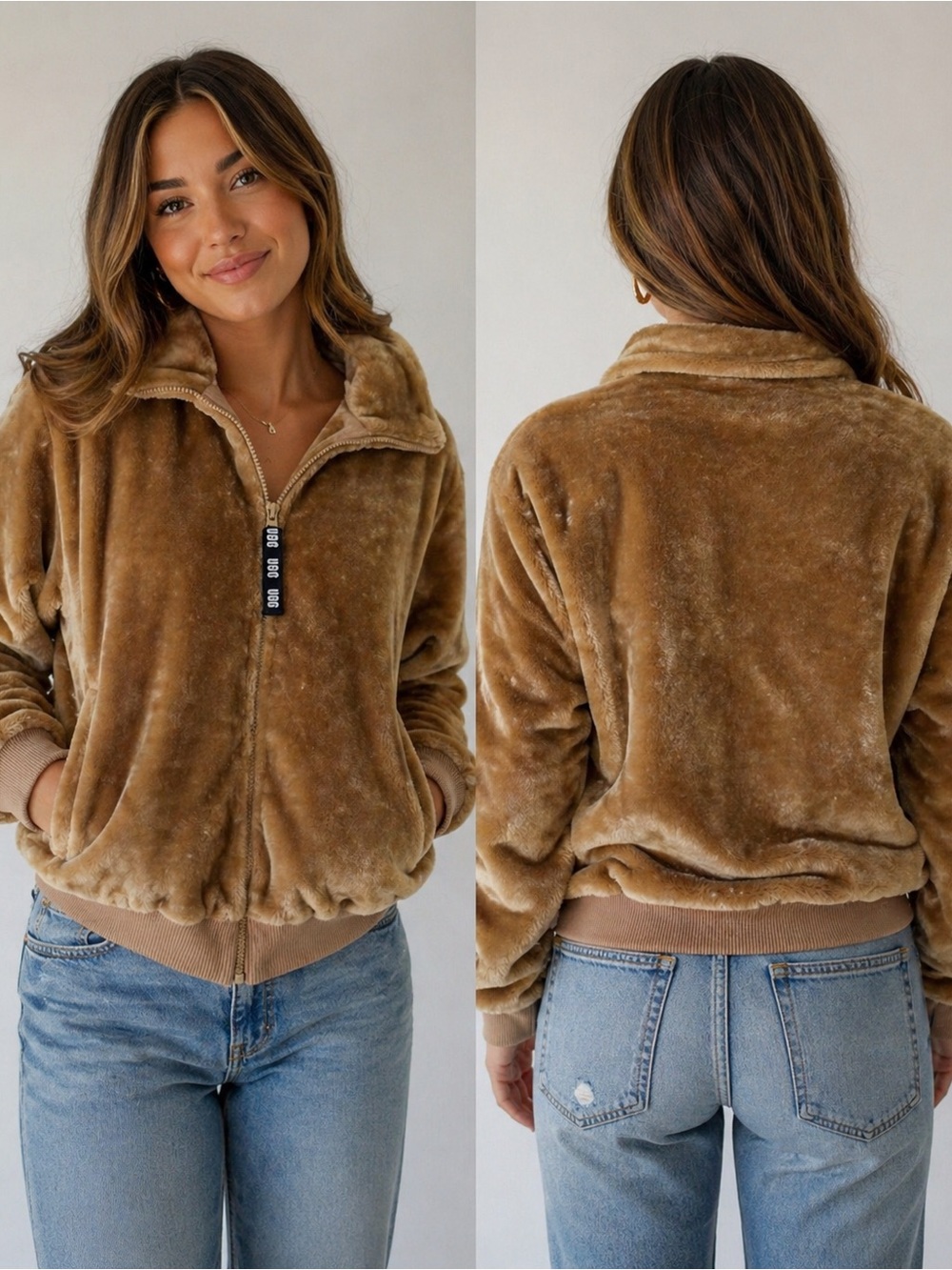 UGG Faux Fur Zip Jacket Tan Cozy Plush Bomber Large
